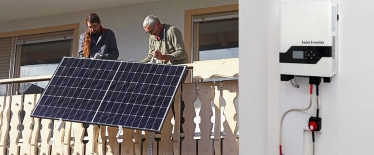 Was ist ein Balkonkraftwerk? Montage eines Solarpanels an einem Balkon mit Wechselrichter zur eigenen Stromerzeugung.